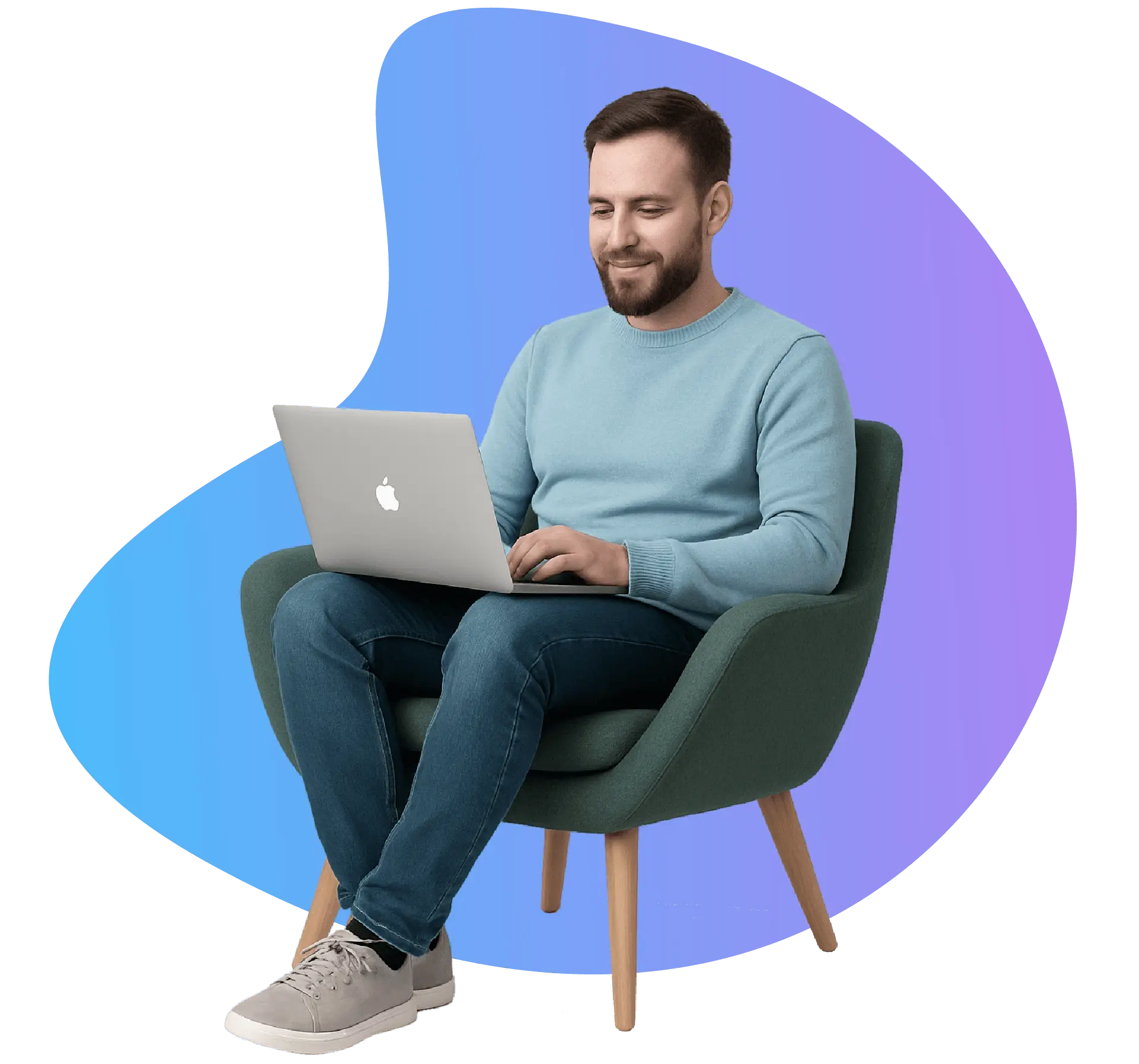 Hero image, guy in a chair with a computer